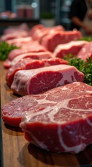 Fototapeta premium A close up of a bunch of raw meat on a cutting board