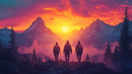 Naklejka premium Three friends hiking towards the glowing sunset in a majestic mountain landscape with vibrant orange and purple skies and snow capped peaks