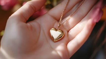 A pair of hands holding a heart-shaped pendant necklace as a Valentines gift