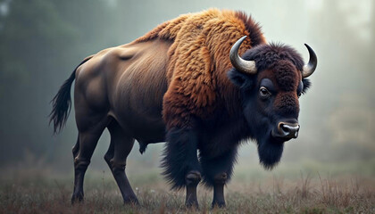 Majestic European Bison in Foggy Forest Landscape
