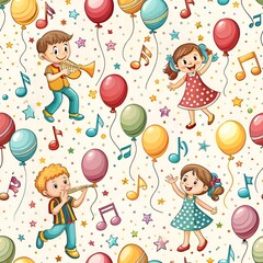 Seamless A joyful cartoon illustration of children playing with balloons at a birthday party, filled with happiness and celebration, featuring a boy and a girl enjoying their childhood fun