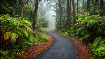 Fototapeta premium Serene winding path through lush green forest with misty atmosphere and vibrant foliage
