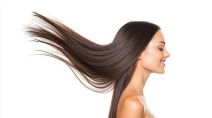 Woman with Long Healthy Hair Flowing in Motion Against White Background