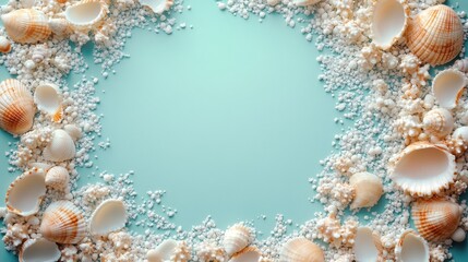 Obraz premium Seashells and Salt Frame a Light Blue Background