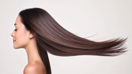 Beautiful Woman with Long Sleek Hair Flowing in Profile View