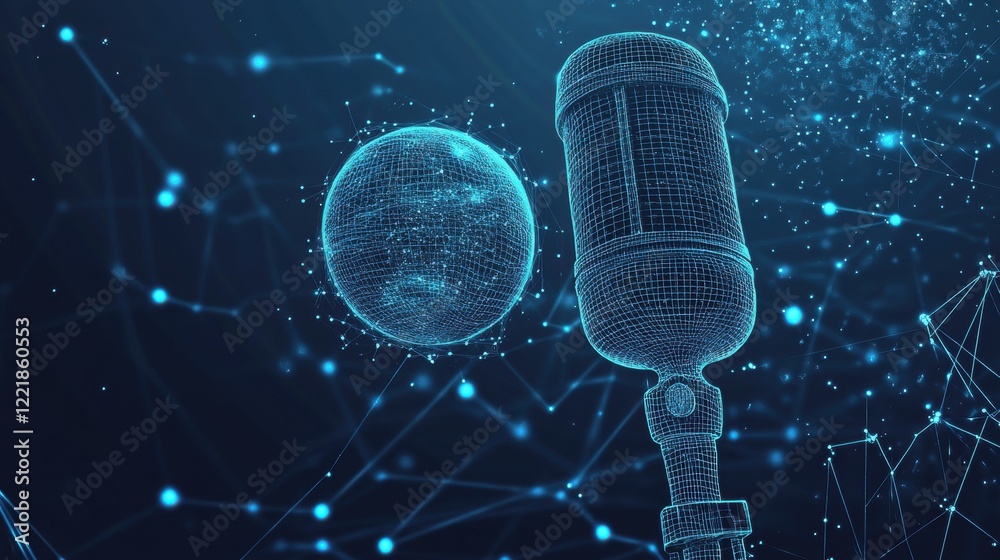 Poster a digital representation of a microphone and a spherical object, connected by a web of glowing data 