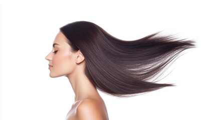 Naklejka premium Woman with Long Smooth Hair in Motion Against White Background