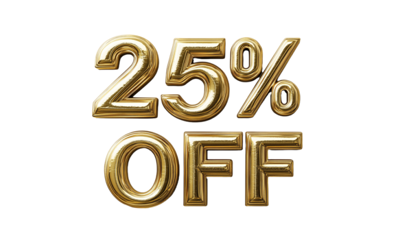 3D golden text 25 percent off on transparent background