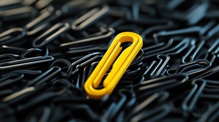 Yellow paperclip stands out among many black ones. Business concept image