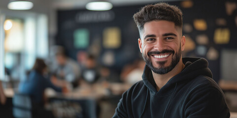 Obraz premium Smiling latin man with beard, blurred co-workers in background