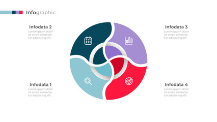Circle pie chart rotate into 4 parts. Business infographic template with marketing icons and cycle concept. Vector illustration.