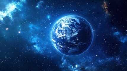 Obraz premium A stunning view of Earth surrounded by a vibrant blue cosmic backdrop, highlighting the beauty of our planet in the vastness of space.