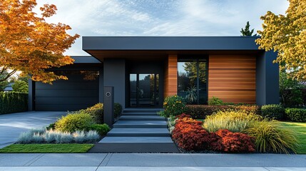 Modern Home Surrounded by Lush Green Trees and Vibrant Front Yard Creating a Welcoming Atmosphere in a Peaceful Neighborhood Setting Reflecting Contemporary Architecture and Lifestyle