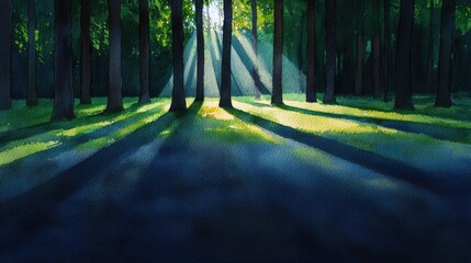 Fototapeta premium Sunbeams Dancing Through the Forest: A Watercolor Painting
