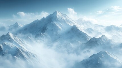 Majestic Winter Mountain Range Snow Covered Peaks in Misty Landscape Serene Nature Scene