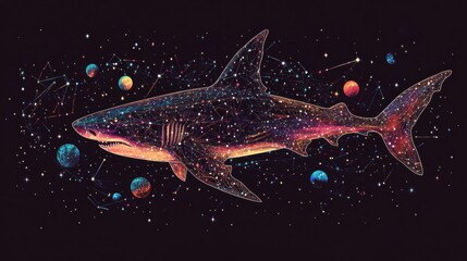 Fototapeta premium A cosmic shark swims through a starry galaxy, blending the depths of the ocean with the vastness of space.