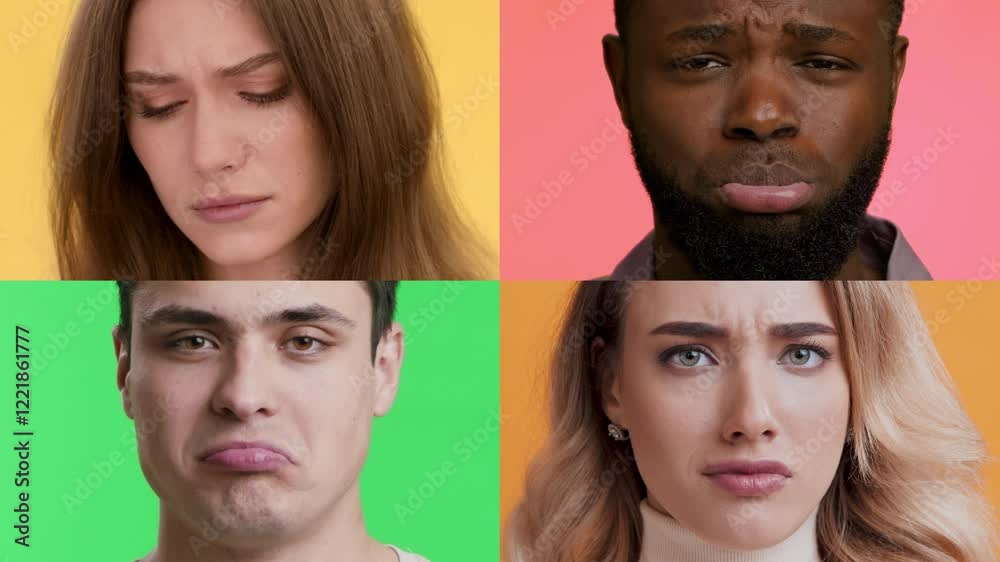 Poster Four individuals display contrasting emotions against bright backgrounds. Their faces reveal a mixture of sadness, confusion, and reflection, emphasizing the complexity of human feelings.
