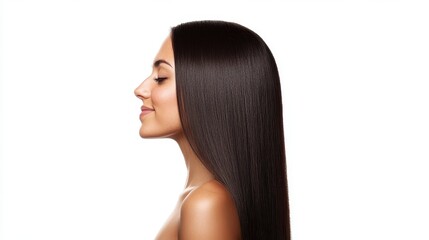 Fototapeta premium Elegant Profile of Woman with Long Straight Hair Against White Background