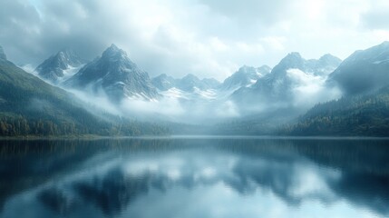Fototapeta premium Serene Mountain Lake Landscape Misty Peaks Reflecting in Calm Water
