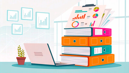 Fototapeta premium flat vector illustration of office interior with computer, laptop, books, and desk for web design
