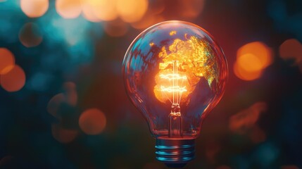 Illuminated Light Bulb Containing Glowing Earth with Warm Background and Soft Bokeh Effect, Symbolizing Innovation, Sustainability, and Global Awareness in Nature