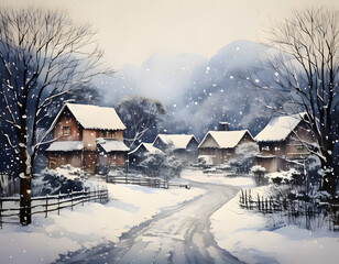 A charming winter village nestled among snowy hills with cozy houses and falling snow. A peaceful winter scene