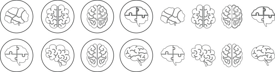 Human internal organ anatomy brain con Set. Brain mental healthcare sign collection flat and line vector isolated on transparent background. Science symbol skin layer intestine linear Pictogram.