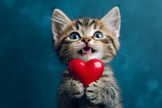 Digital ads visual idea. Cute pixiebob baby feline with diamond red heart - emblem of love, funny greeting card. Pixiebob - my treasured cat. February 14 cat image. Fluffy love animal.