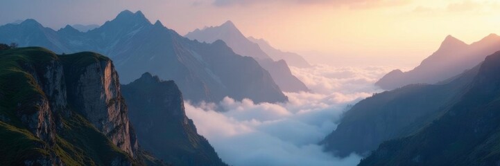 Obraz premium Misty mountain tops shine with soft gentle light amidst rugged large cliffs, natural wonders, cliffs, mist