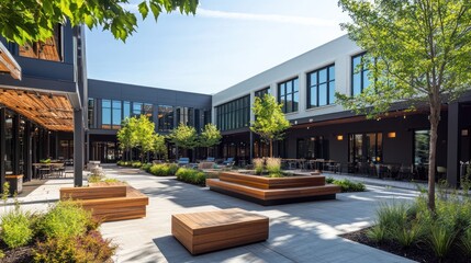 Modern Outdoor Courtyard Space with Seating and Lush Greenery in an Urban Setting