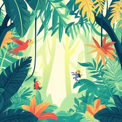 Obraz premium Tropical Rainforest Scene with Birds and Animals
