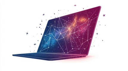 A vibrant, abstract laptop design featuring cosmic elements, symbolizing technology and digital connectivity.
