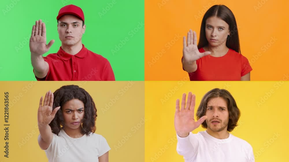 Poster A collection of diverse individuals expresses various emotions through gestures against bright backgrounds. Each person showcases unique feelings