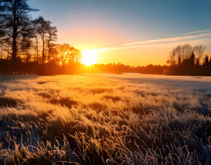 Fototapeta premium A serene winter landscape with snow-covered fields, bare trees, and a warm, glowing sunset. Peaceful and tranquil