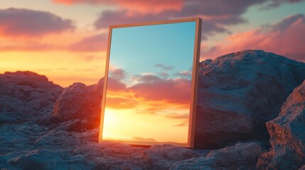 Wooden Framed Mirror Reflecting Sunset Sky Among Rocks