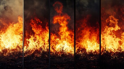 Fototapeta premium Fiery orange flames dramatically engulf dry brush intense heat vibrant burning. AI Generated