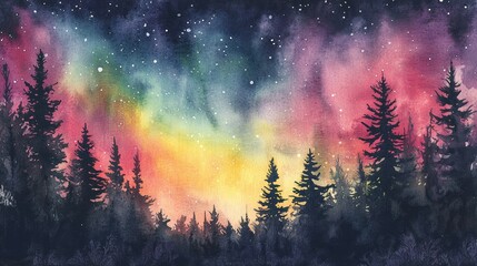Mesmerizing Night Sky with Aurora Borealis Above Forest Silhouette, Featuring Vibrant Colors and Lush Pine Trees in a Dreamlike Landscape Scene