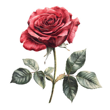 Elegant Red Rose with Lush Green Leaves on White Background