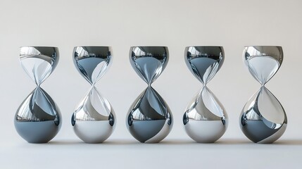 Fototapeta premium Five sleek hourglasses elegantly arranged reflect soft light. AI Generated