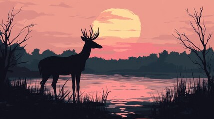Naklejka premium Majestic Deer Silhouette at Sunset Over Still Water