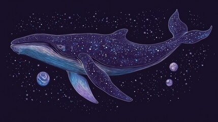 Fototapeta premium A cosmic whale swims gracefully through a starry background, surrounded by planets, blending marine life with the universe's vastness.