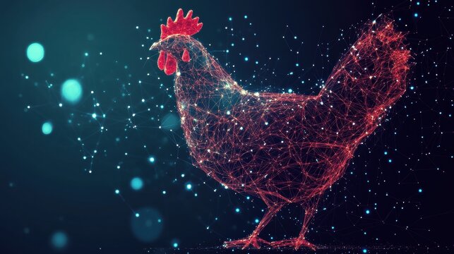 A digital representation of a chicken, composed of glowing particles, set against a dark background, evoking a modern, tech-inspired aesthetic.