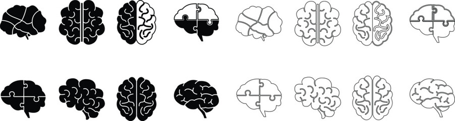 Human internal organ anatomy brain con Set. Brain mental healthcare sign collection flat and line vector isolated on transparent background. Science symbol skin layer intestine linear Pictogram.