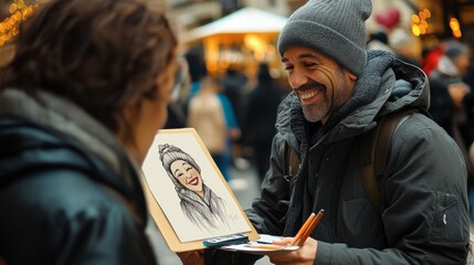 A street artist drawing a caricature of a happy couple on Valentines Day