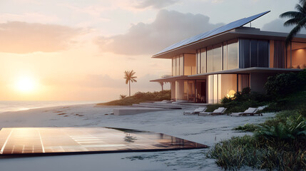 Fototapeta premium A beach house with solar panels reflecting the afternoon sun, offering a perfect combination of modern architecture and eco-conscious living.