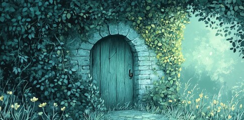 Enchanting Teal Door Hidden Within Lush Greenery