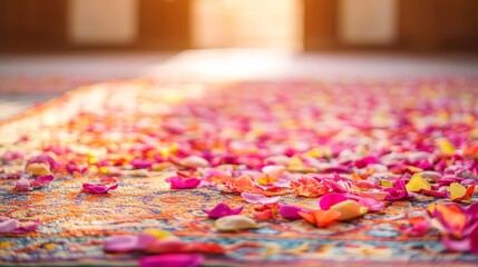 Obraz premium Scattered Rose Petals on Carpet, Soft Light, Romance, Celebration