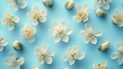 Obraz premium Delicate white blossoms arranged on a light blue background
