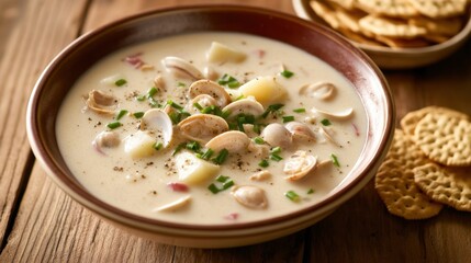 A bowl of classic creamy clam chowder with tender clams, potatoes, and celery