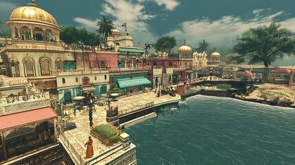 Naklejka premium Coastal Cityscape: A Vibrant Indian Waterfront Town